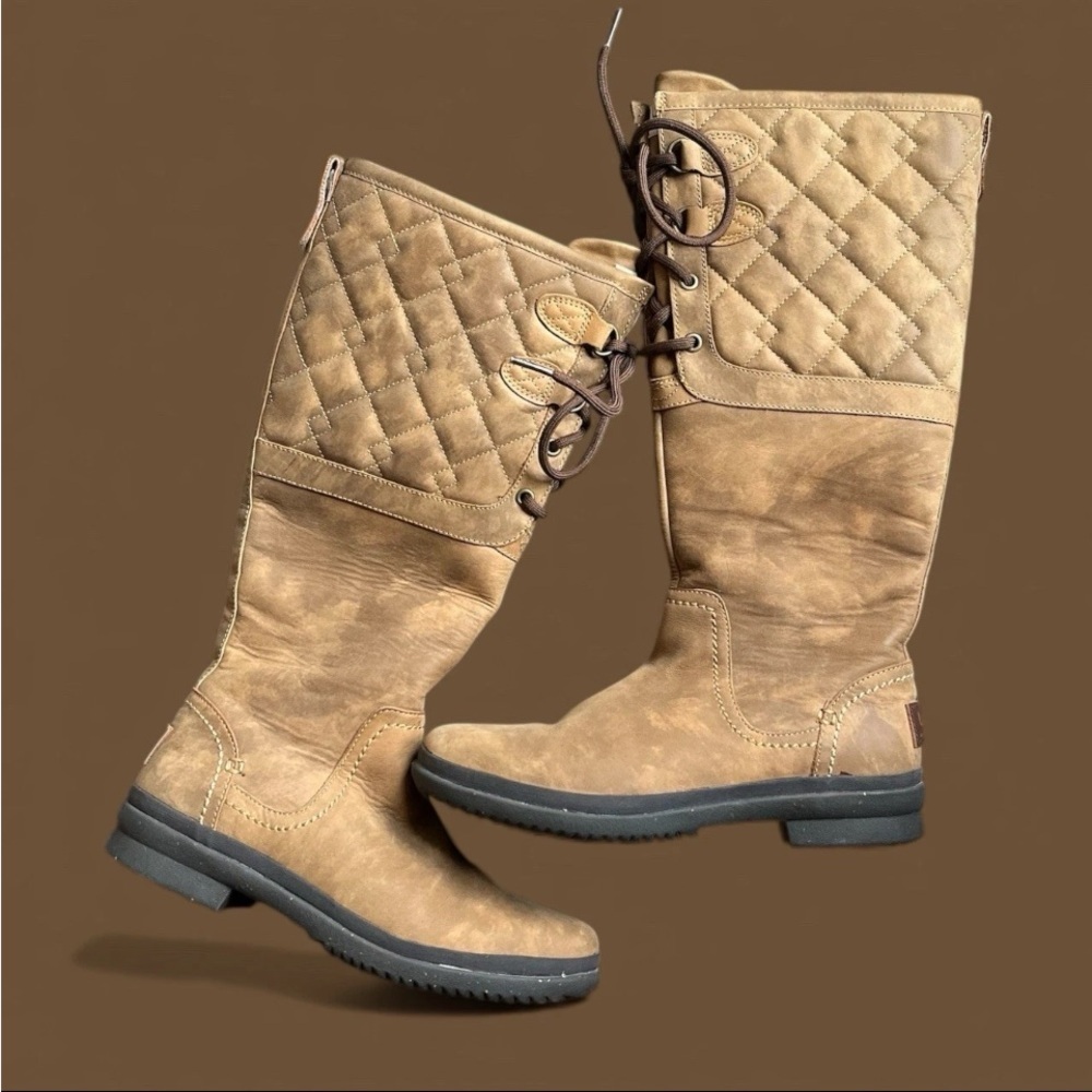 Ugg Boots Elsa Deco Sz 6.5 Chestnut Brown Quilted Waterproof Tall Leather EUC